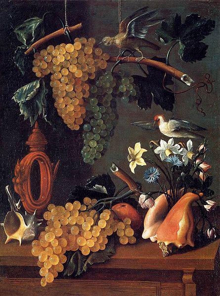 Juan de Espinosa Still-Life with Grapes, Flowers and Shells